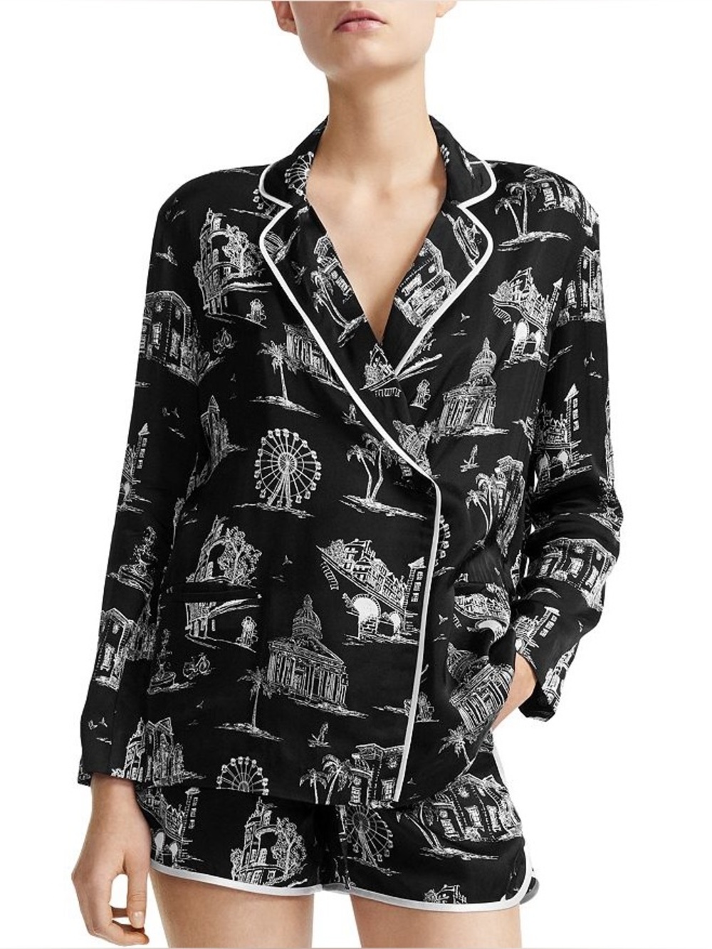 Maje Paris Black Cityscape Print Pajama Blouse w/ White Contrast Trim | Size 1